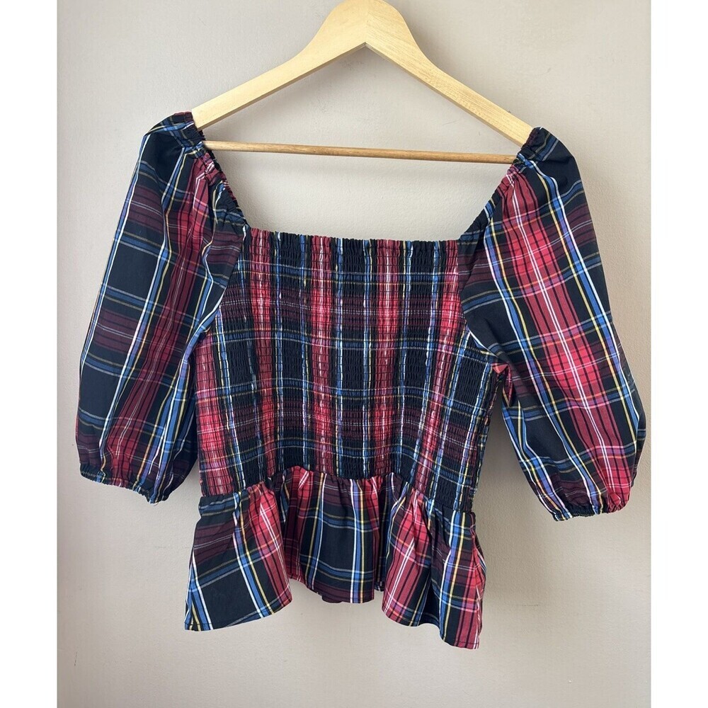 Draper James RSVP Plaid Smocked Peplum Top Elbow Sleeve Women’s M